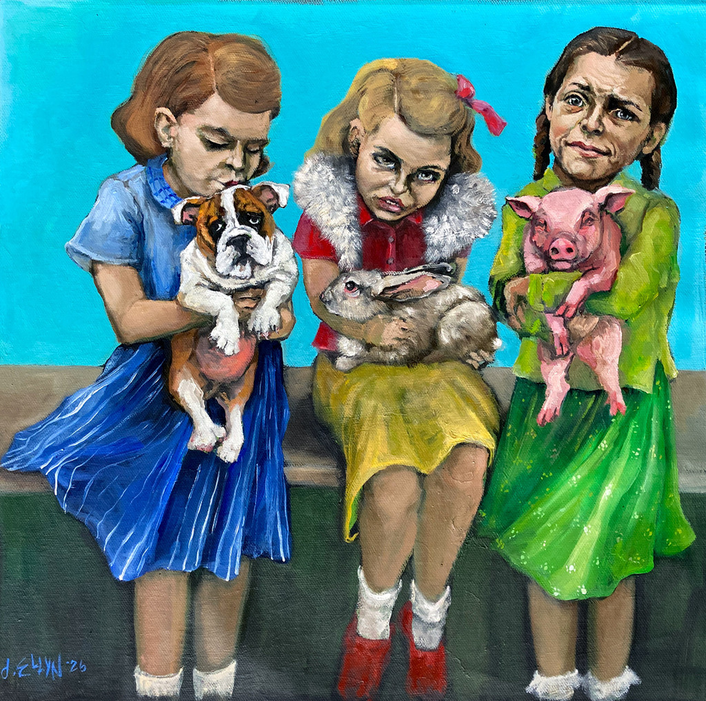Selective Compassion, oil painting by Dana Ellyn, girl carrying a piglet, chicken and fish in shopping bags, 15x30 inches